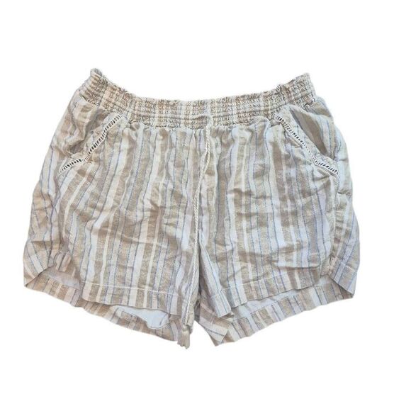 Briggs Women's Tan/White/Blue Linen/Rayon Shorts w Pockets Elastic Waist and Dra - Picture 4 of 14